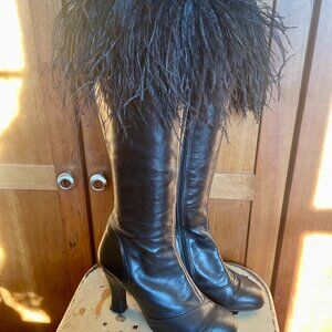 Vintage Black Leahter Knee-High Boot with Feather Boa Fringe 1960s Sz 7 4' heel